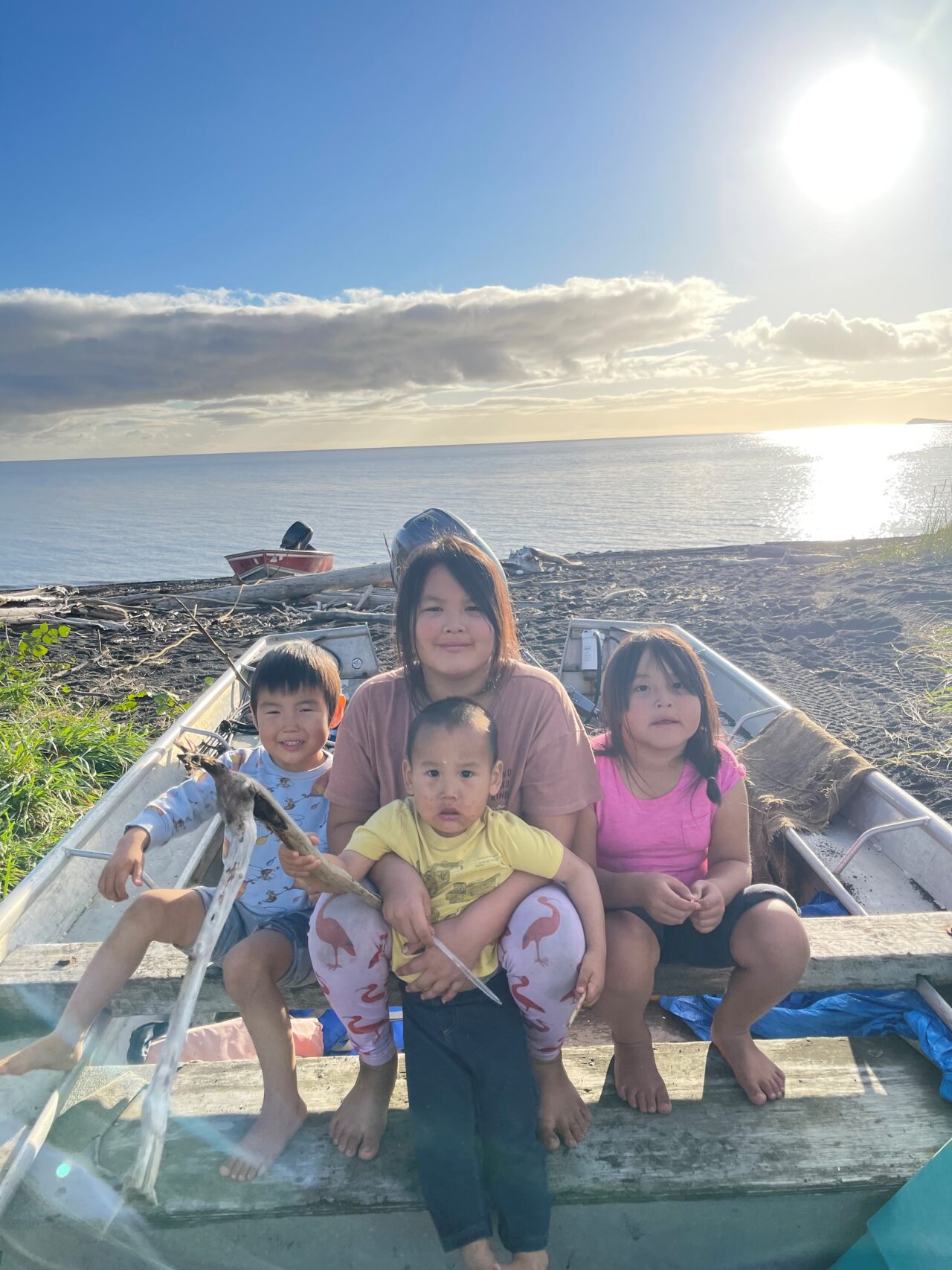 KobukZoe-VillageLife-Descendants Kai Kobuk, AriaandAlani Niksik-Kobuk, Taylor Kobuk Jr on Stebbins beach while parents tend to fish KobukZoe-VillageLife-Descendants Kai Kobuk, AriaandAlani Niksik-Kobuk, Taylor Kobuk Jr on Stebbins beach while parents tend to fish