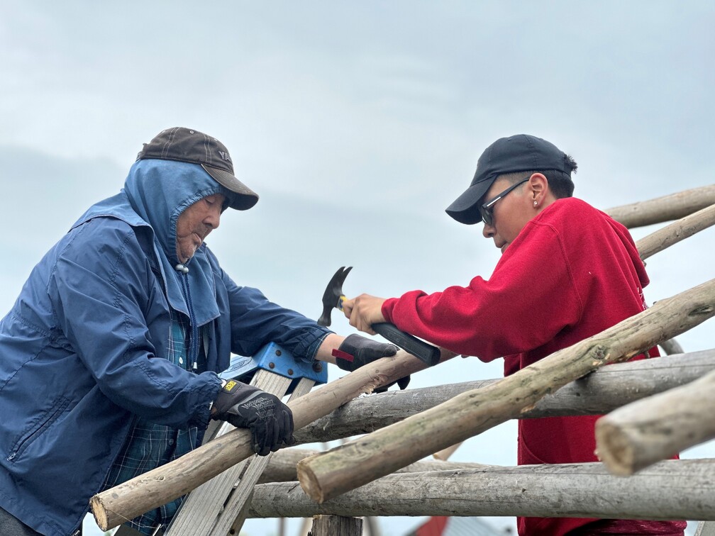 LCMike-2024Elders-Elder Isadore Hunt guiding my son Simeon Hunt on building a gerraq (fish rack) LCMike-2024Elders-Elder Isadore Hunt guiding my son Simeon Hunt on building a gerraq (fish rack)